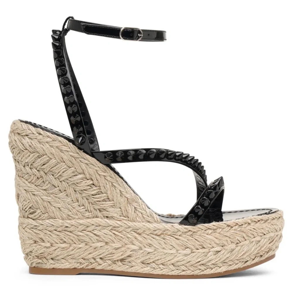 Christian Louboutin Mafaldina Wedge Espadrille Sandals Black/Tan Size 38 New - Picture 3 of 11